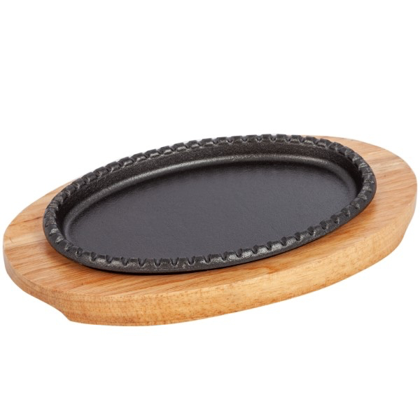 Oval Scalloped Teppan Pan Set with Wooden Base 19 cm